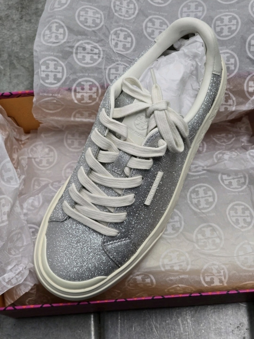 Tory Burch Ladybug 11 Silver Glitter Platform Sneakers Monogram Designer Shoes - Picture 8 of 10